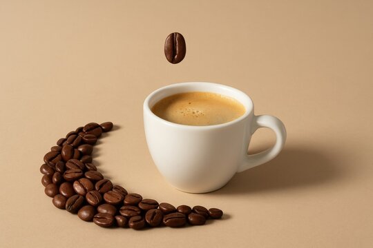 Crescent shaped arrangement of roasted coffee beans surrounding white espresso cup, single bean dropping into dark brew against neutral beige backdrop - Powered by Adobe