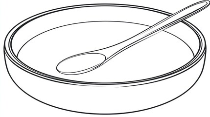 Round bowl filled with liquid and a spoon resting inside, black and white line art