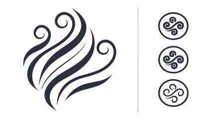 Abstract dark grey swirling wave patterns and circular celtic knot style symbols on a white background