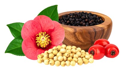 Fototapeta premium Vibrant Camellia Blossom with Juniper Berries, Coriander Seeds, and Hawthorn Berries