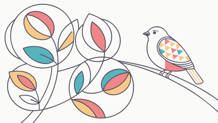 Charming minimalist illustration of a stylized bird perched on a branch with abstract colorful leaves and geometric patterns