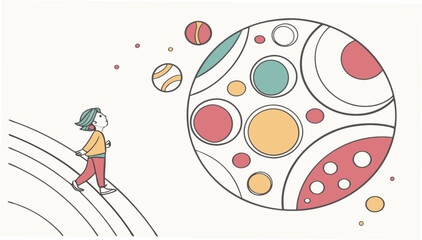 Child walking on rainbow path towards a large colorful planet with many circles and spheres in a stylized drawing