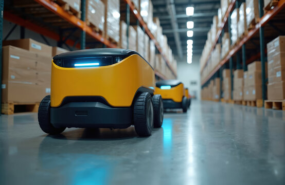 Autonomous mobile robots navigate modern warehouse aisles, handling materials. Yellow robotic units with blue lights transport goods on concrete floor between tall shelves stacked with boxes. Future