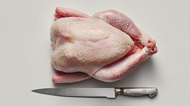 Fresh raw whole chicken with skin and wings on a cutting board, prepared for cooking or food preparation, with a kitchen knife for slicing and butche