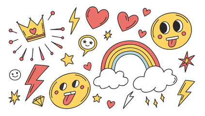 Collection of cheerful hand drawn doodle elements including a crown hearts lightning bolts stars a rainbow clouds and smiling faces