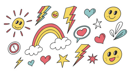 Collection of cheerful hand drawn doodle elements including a smiling sun rainbow hearts lightning bolts stars and smiley faces