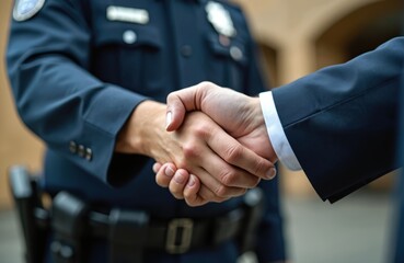 Police officer in uniform shakes hands with civilian man. Gesture signifies trust, cooperation, partnership between law enforcement, community. Meeting outdoors, representing safety, justice, civic