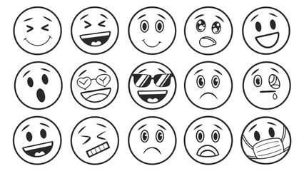 Collection of fifteen distinct black and white emoji faces expressing a variety of emotions and moods