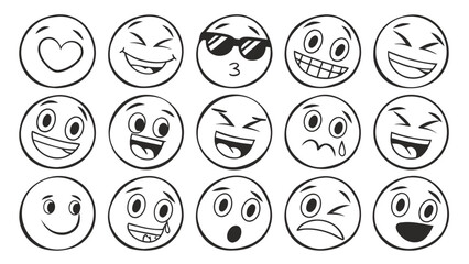 Collection of fifteen hand drawn cartoon smiley faces expressing various emotions and moods in a simple black and white line art style