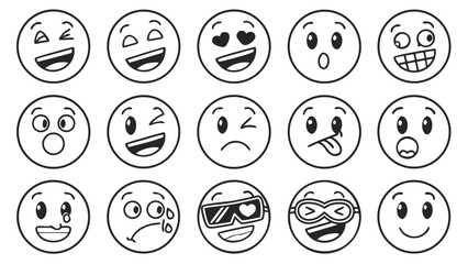 Collection of fifteen hand drawn cartoon emoji faces expressing various emotions and moods in a simple black and white outline style