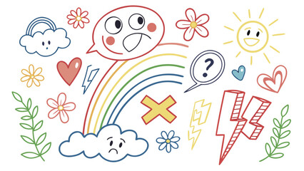 Collection of hand drawn doodle icons featuring a rainbow clouds sun hearts flowers lightning bolts and question mark on white background