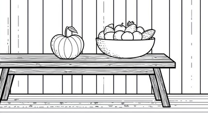 Still life fruit bowl and pumpkin on a wooden table, against a wood fence