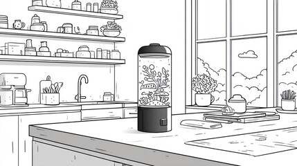 Simplistic kitchen scene with plant terrarium on the countertop