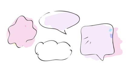 Collection of hand drawn pastel colored speech bubbles and thought clouds with black outlines on a black background