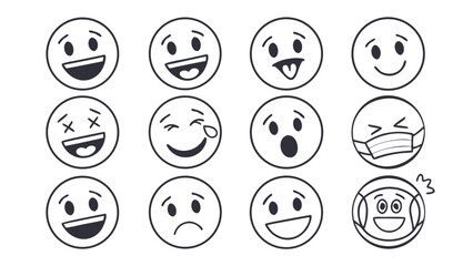 Collection of twelve diverse outline emoji faces expressing various emotions and actions against a clean white background