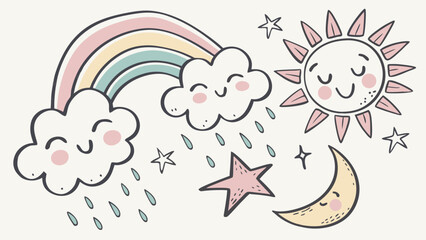 Cute cartoon rainbow with smiling clouds sun moon and stars in pastel colors hand drawn style