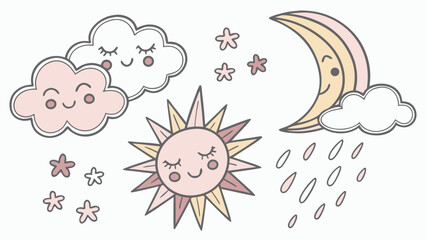 Cute cartoon sun moon clouds stars and rain drops in soft pastel colors for baby nursery decor