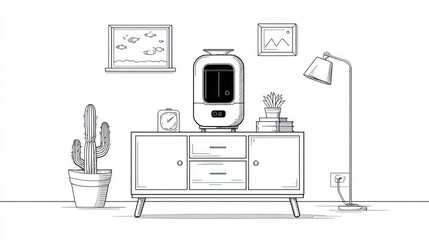Minimalist room sketch with cabinet, lamp, artwork, & curious appliance