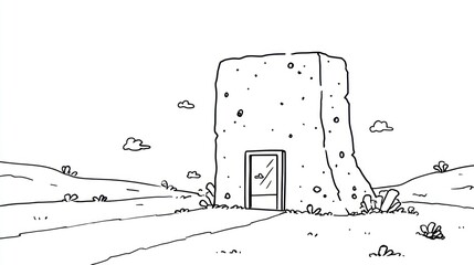 Cartoonish stone structure with door in desert landscape. Simple drawing style