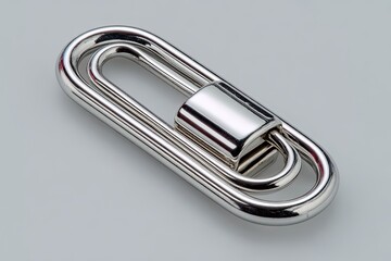 Polished, oblong, metal key ring.  Two intertwined, smooth loops form an oval shape, with a central, cylindrical component