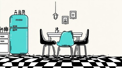 Retro kitchen with turquoise fridge, checkered floor, dining table, and chairs
