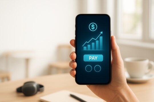 Smartphone displaying rising financial graph, representing digital payment, investment tracking, and mobile banking success