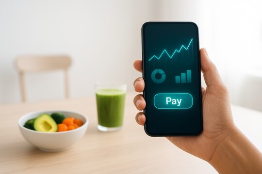Hand holding smartphone with rising financial charts and payment interface, highlighting online transactions and investment growth, while healthy food promotes a balanced lifestyle