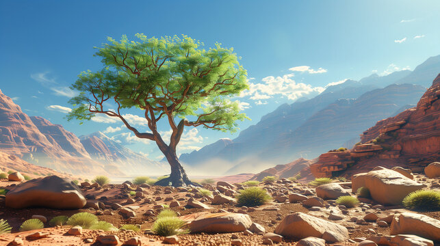 Majestic tree stands solitary in vast desert landscape surrounded by rocky mountains. A lone tree thrives in a sunlit desert, flanked by dramatic rocky mountains under a clear blue sky. AI generated