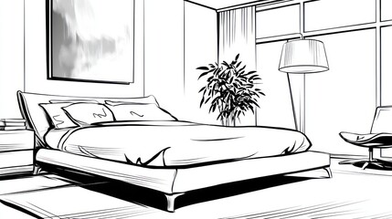 Bedroom sketched in black and white with bed, art, plant, chair, and lamp