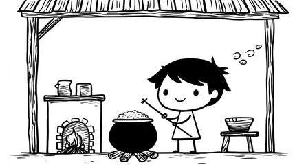 Cartoon boy cooks over a fire in a rustic shelter. Black and white drawing
