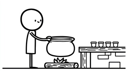 Simple line art drawing person cooks in pot over fire