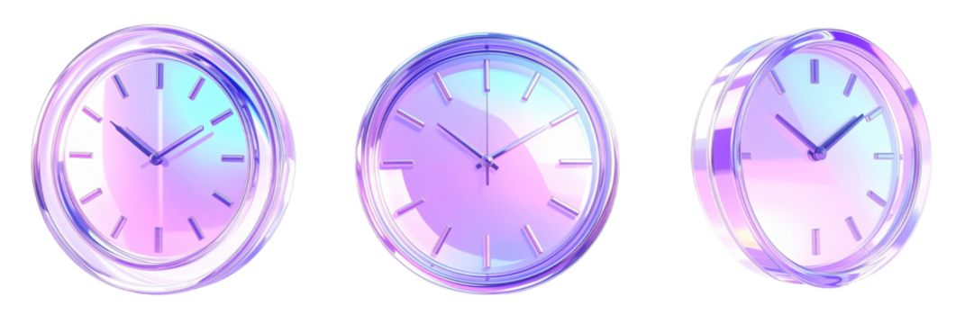 Three Iridescent Clocks Displaying Different Times Against Transparent Background - Powered by Adobe