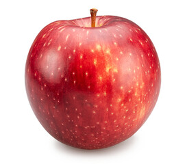 Ripe red apple with yellow spots on white background. Cut out PNG file.