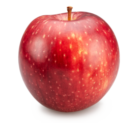 Ripe red apple with yellow spots on white background. Cut out PNG file.