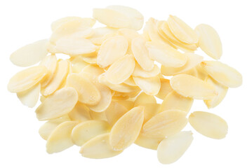 Slices of blanched almonds nuts isolated on white background. File contains clipping paths.