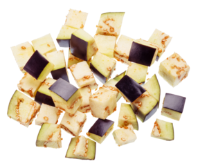 Eggplant or aubergine cubes isolated on white background. File contains clipping paths.
