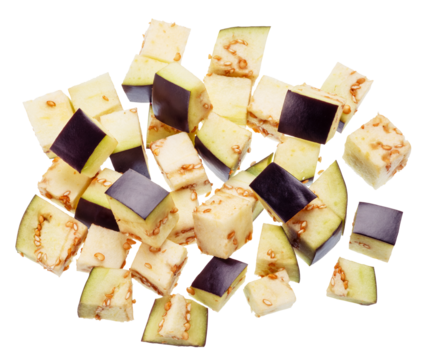 Eggplant or aubergine cubes isolated on white background. File contains clipping paths.