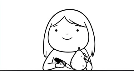Cartoon girl slicing a pear; simple, linear, cheerful, isolated on white