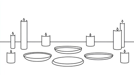 Line art of lit candles and shallow bowls in a row, minimalist depiction