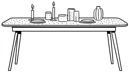 Line art tabletop with candles, plates, and vases on a spotted cloth