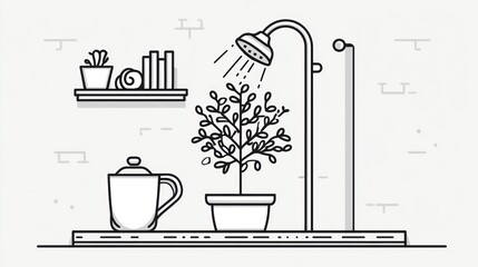 Line art of a plant getting showered in a stylized indoor setting
