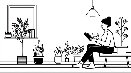Woman reading and drinking tea in a room filled with potted plants