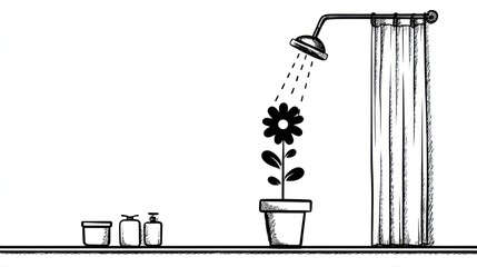 Flower watered in bathroom. Black and white drawing of shower and pot