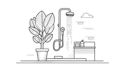 Clean minimal bathroom scene; shower, plant, vanity, stylized, line art