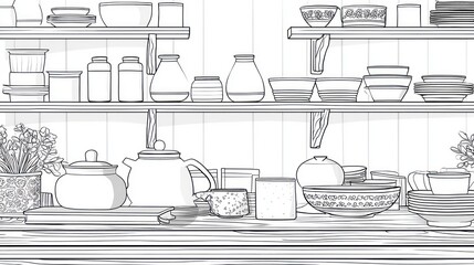 Detailed monochrome kitchen shelf illustration with various dishes and items