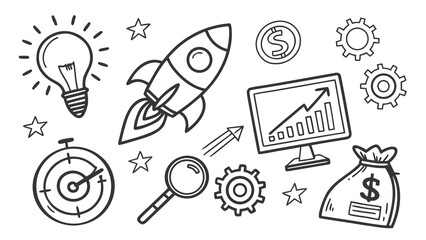 Hand drawn doodle icons representing business growth success idea generation financial investment and strategic planning for startup ventures
