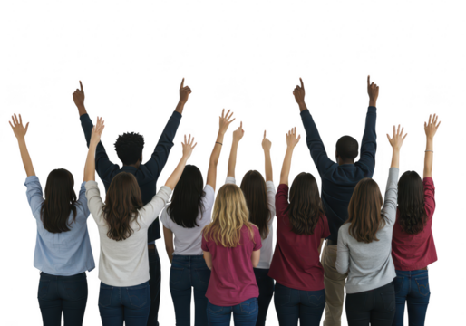 A diverse group of people with their arms raised in celebration and excitement, isolated on transparent background