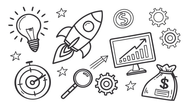 Hand drawn doodle icons representing business growth success idea generation financial investment and strategic planning for startup ventures