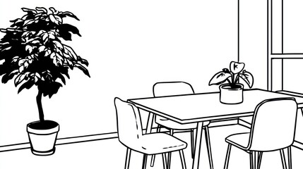 Minimalist dining area featuring table, chairs, plants, and a window in B&W