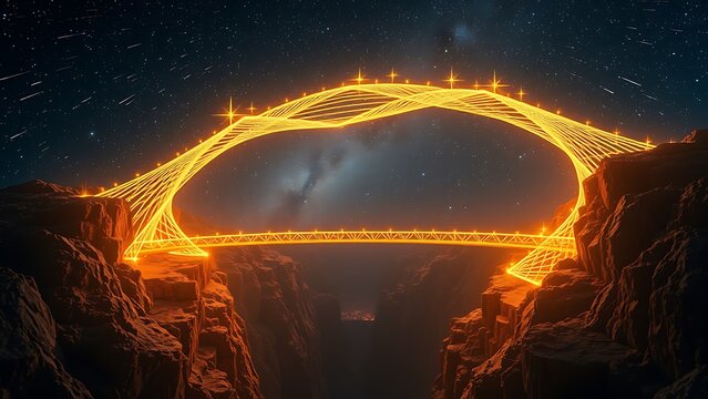 Futuristic Glowing Bridge Over Canyon Neon Light Structure Against Starry Night Sky For Fantasy Art Sci Fi Concepts And Technological Innovation - Powered by Adobe
